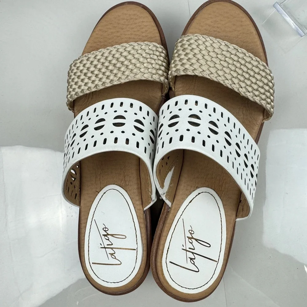 Latigo Kate White Wedge Slide Sandals Women Size 8‎ Cork Wedge Laser Cut